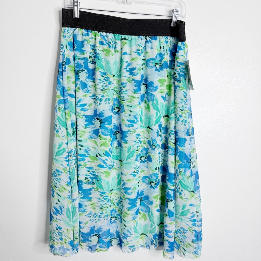 NWT Lularoe Lola Flowy Midi Skirt Elastic Waist Floral Blue Green Large Casual